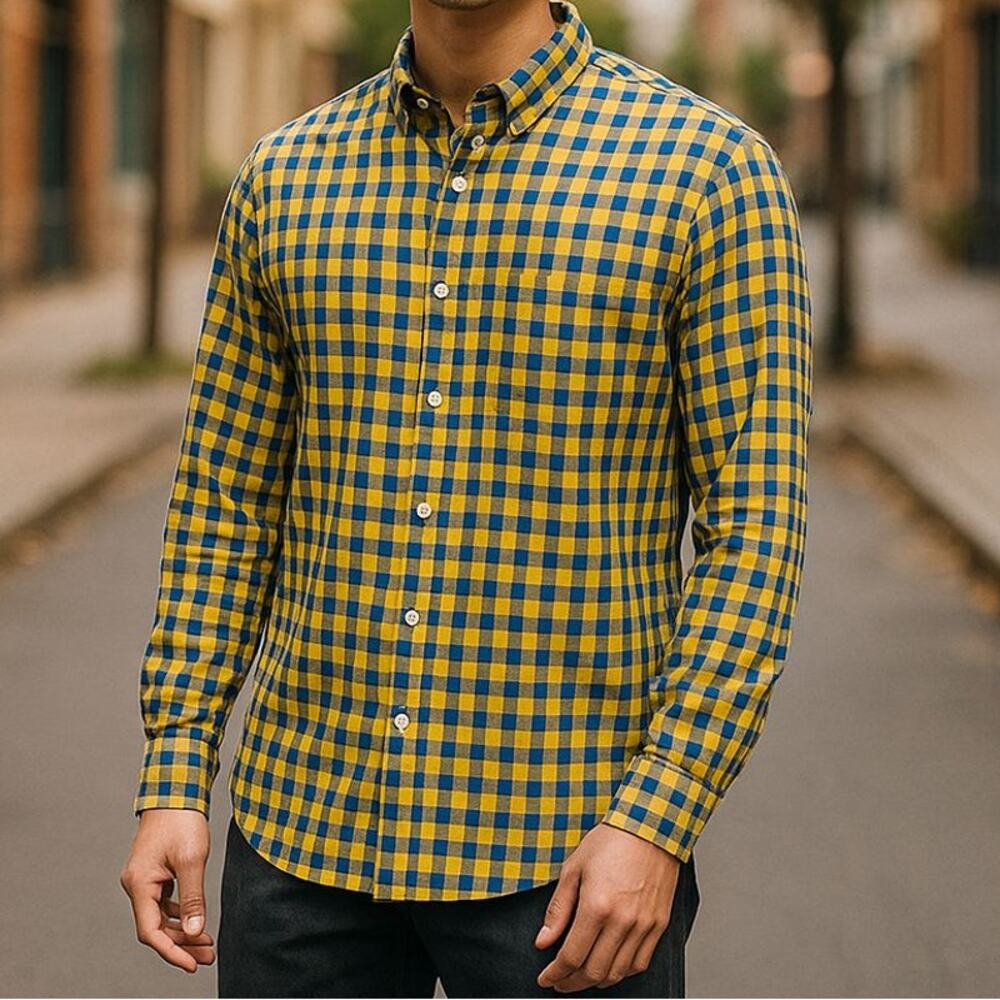 J Crew Flex Washed Yellow & Blue Gingham Checked Slim Fit Button-Down Shirt XL